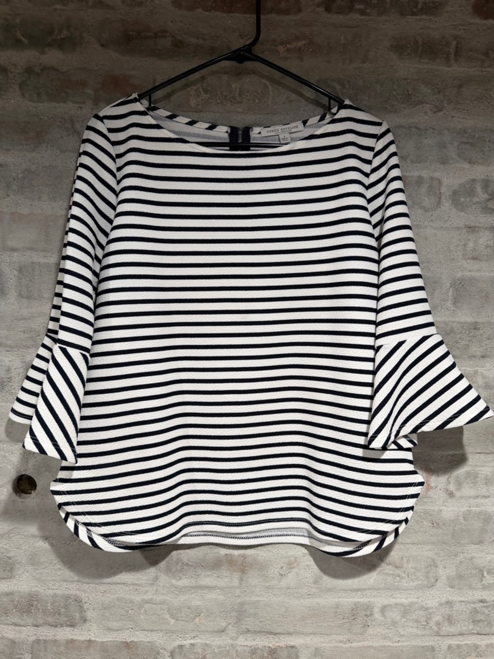 Green Envelope Striped Boatneck Bell-Sleeve Top - White & Black